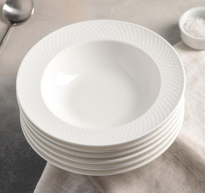 Embossed Wide Rim Deep Pasta Plates – Set of 6 | Fine Porcelain