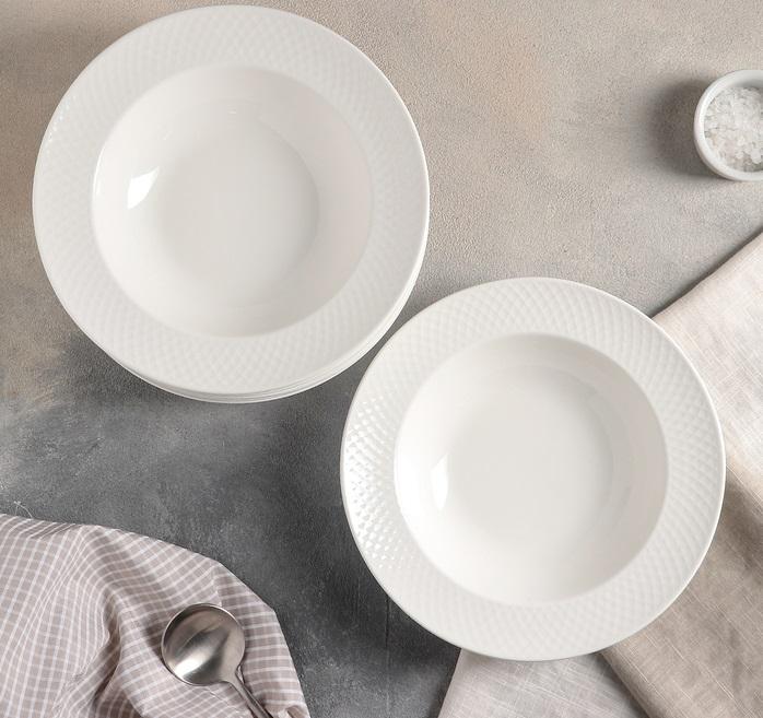 Embossed Wide Rim Deep Pasta Plates – Set of 6 | Fine Porcelain