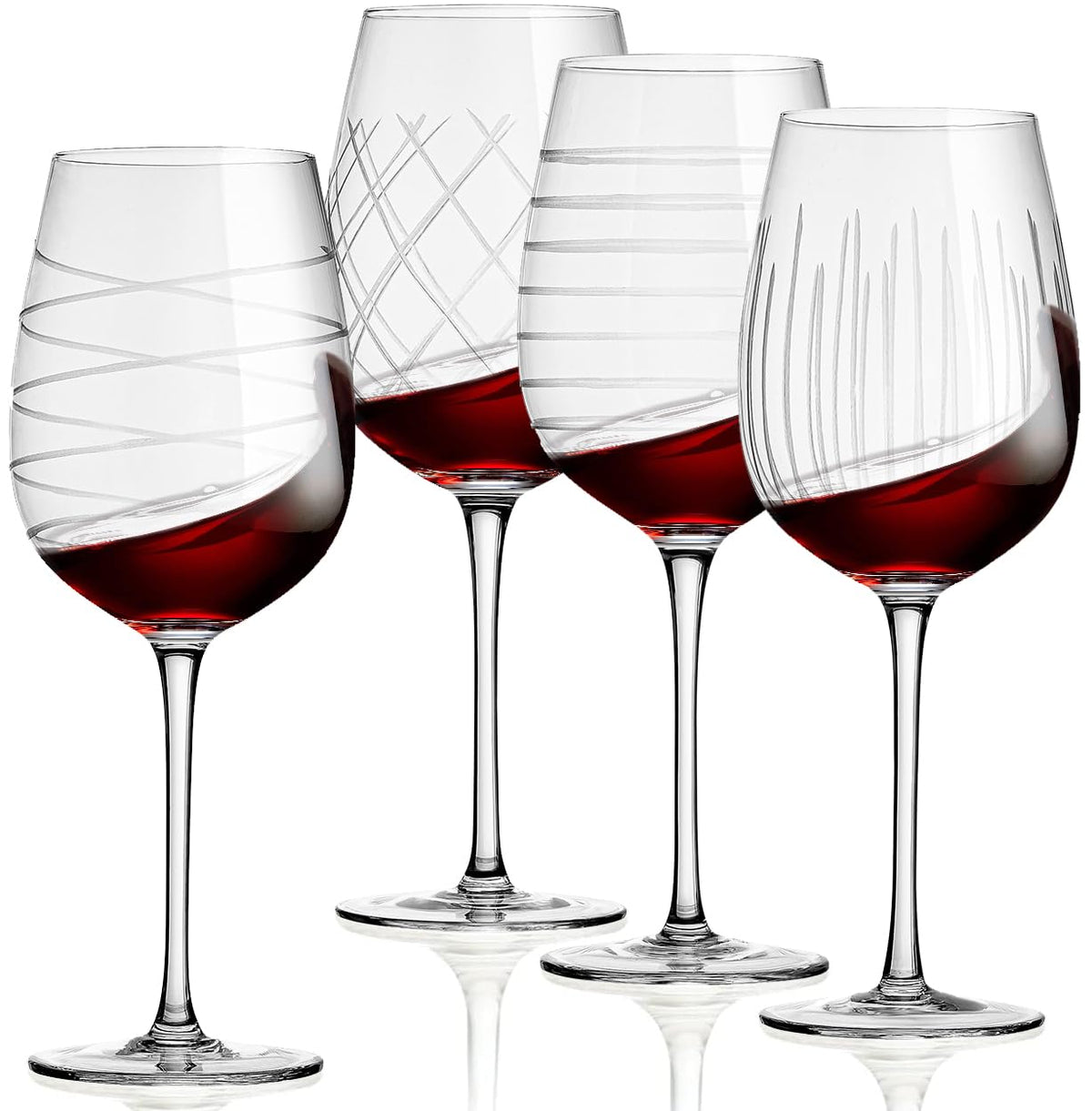 Etched Wine Glass Set of 4 – 16 oz Long Stem, Clear Crystal