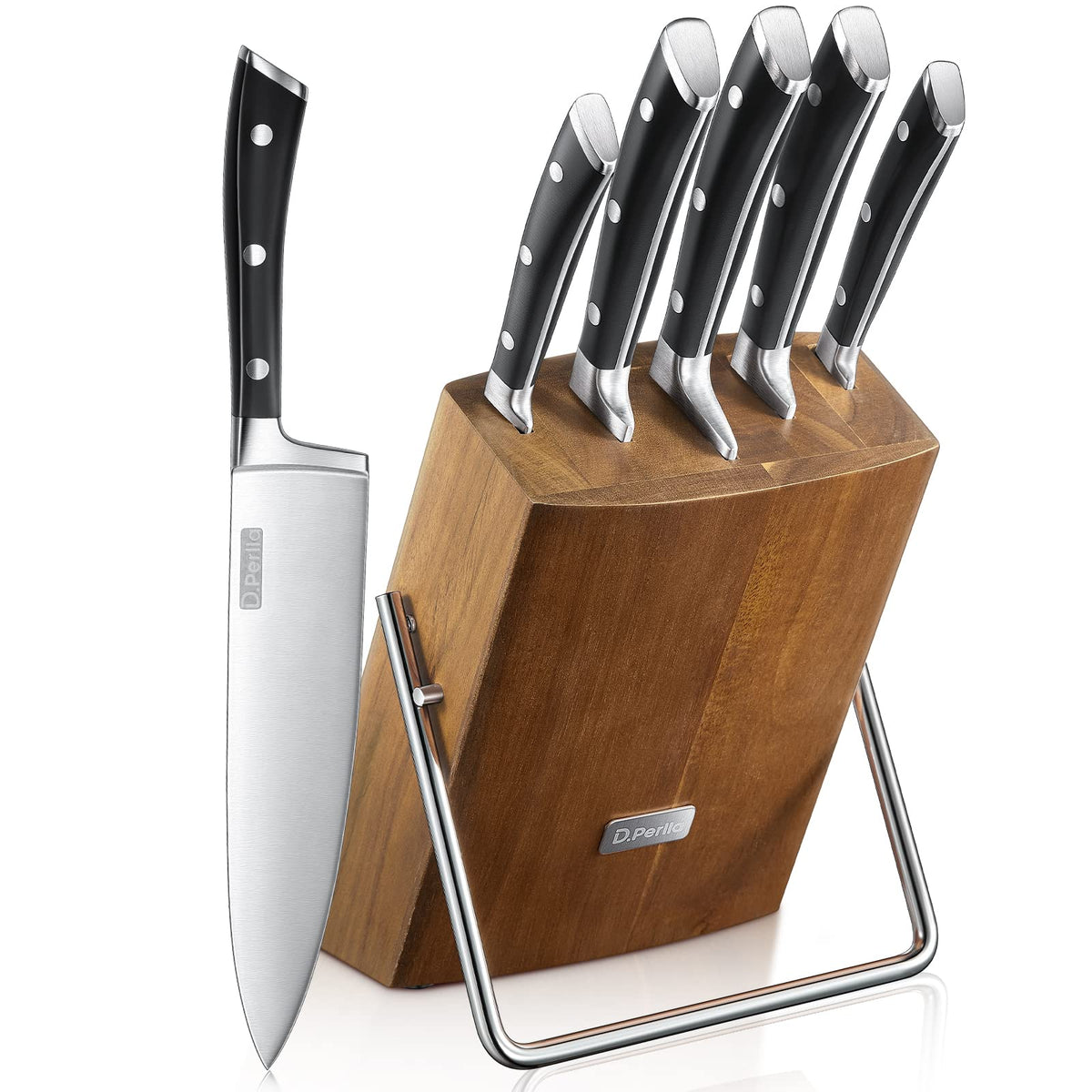 6-Piece German Stainless Steel Kitchen Knife Set with Acacia Wood Block