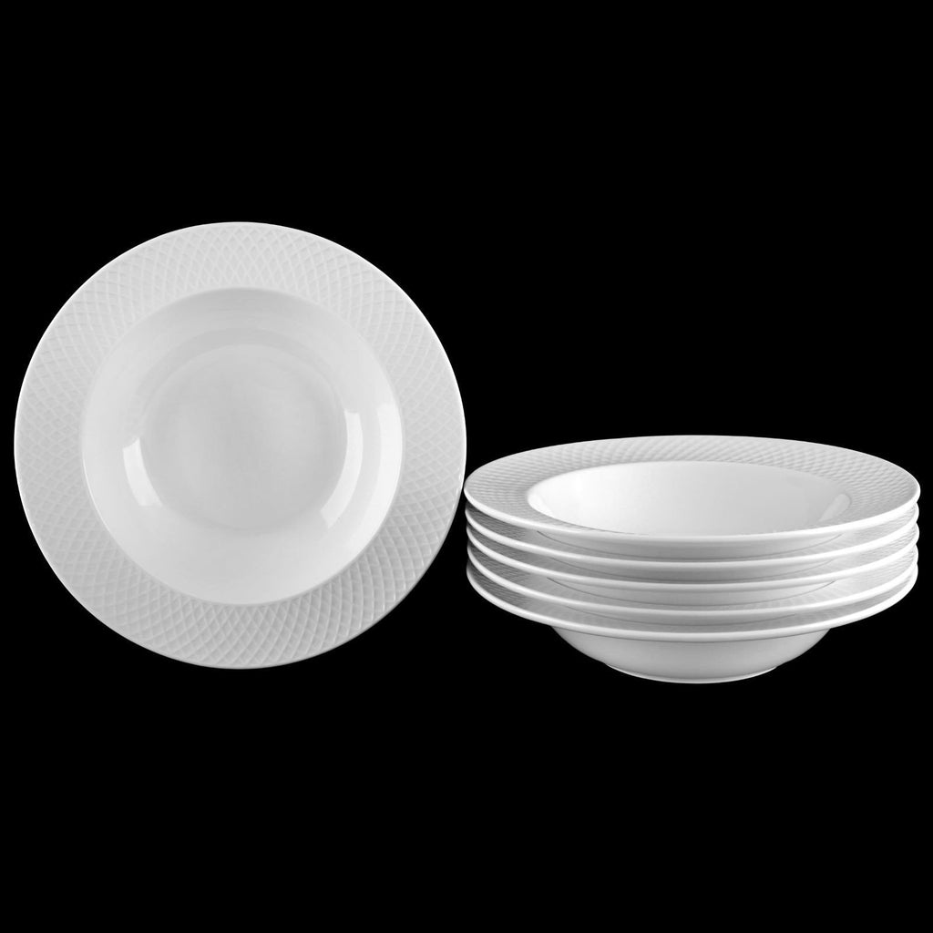 Embossed Wide Rim Deep Pasta Plates – Set of 6 | Fine Porcelain