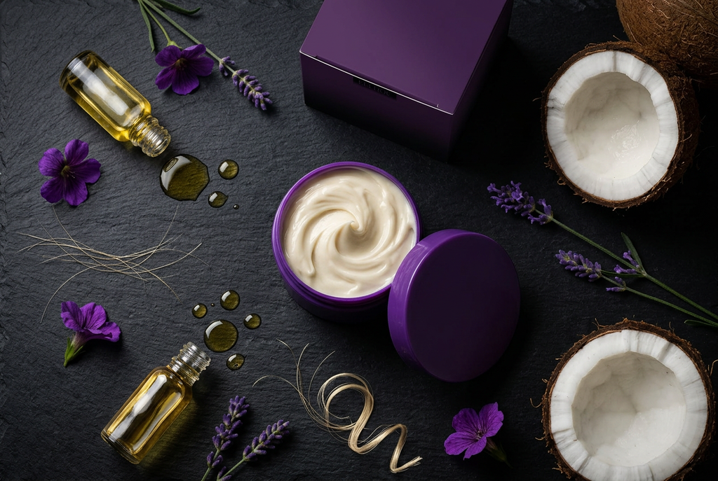 Hair mask jar with coconut, argan oil and purple flowers flat lay on dark slate