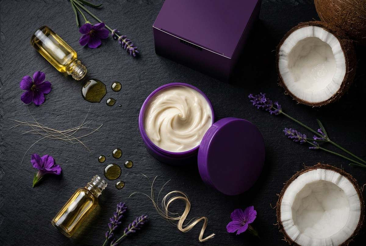 Hair mask jar with coconut, argan oil and purple flowers flat lay on dark slate