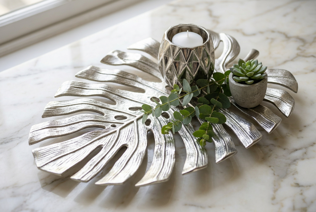 Silver Monstera Leaf Wall Décor styled as decorative tray on marble surface with candle and eucalyptus | JKB Luxury Collections