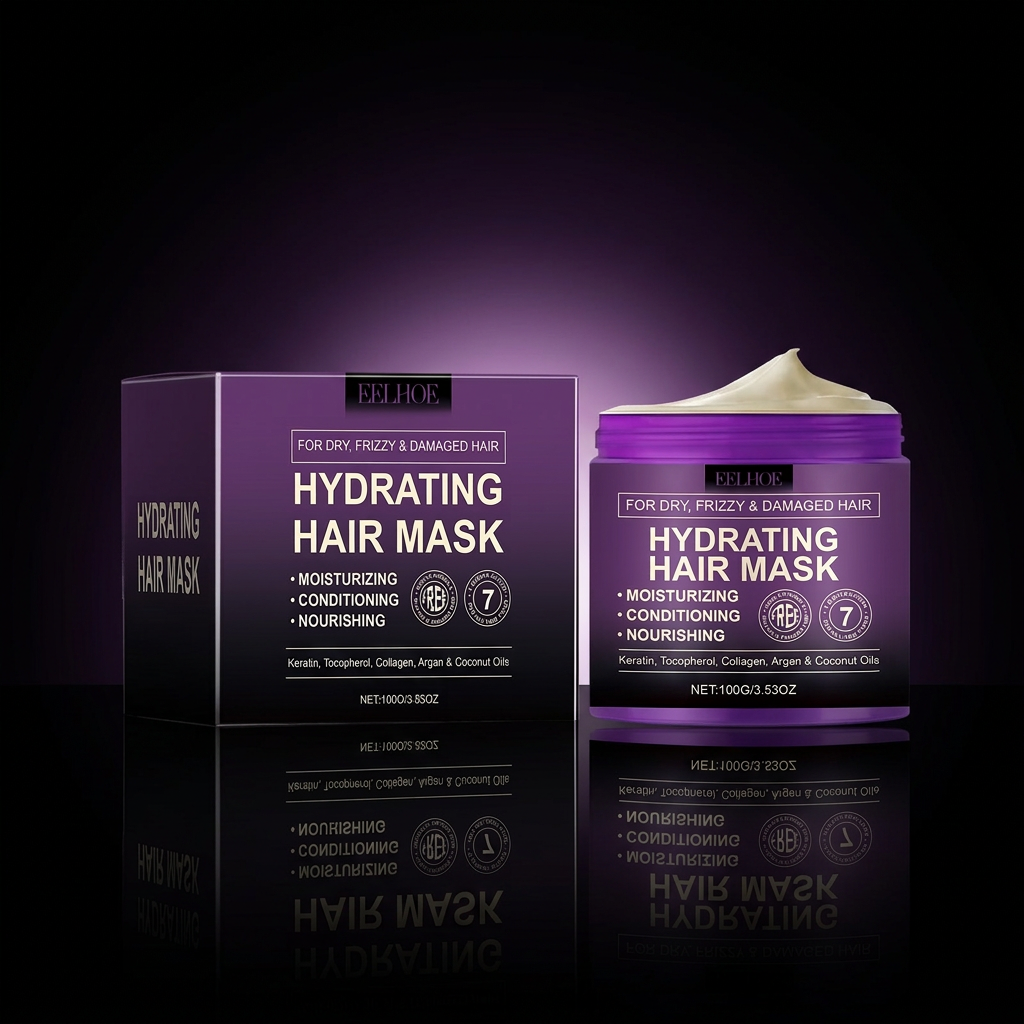 EELHOE Hair Mask purple jar open showing creamy texture on black lacquer surface