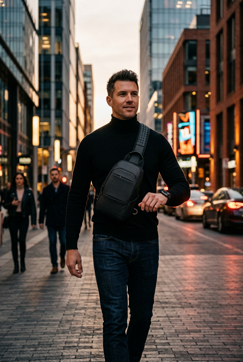 Man in black turtleneck wearing crossbody sling bag walking on city street at dusk