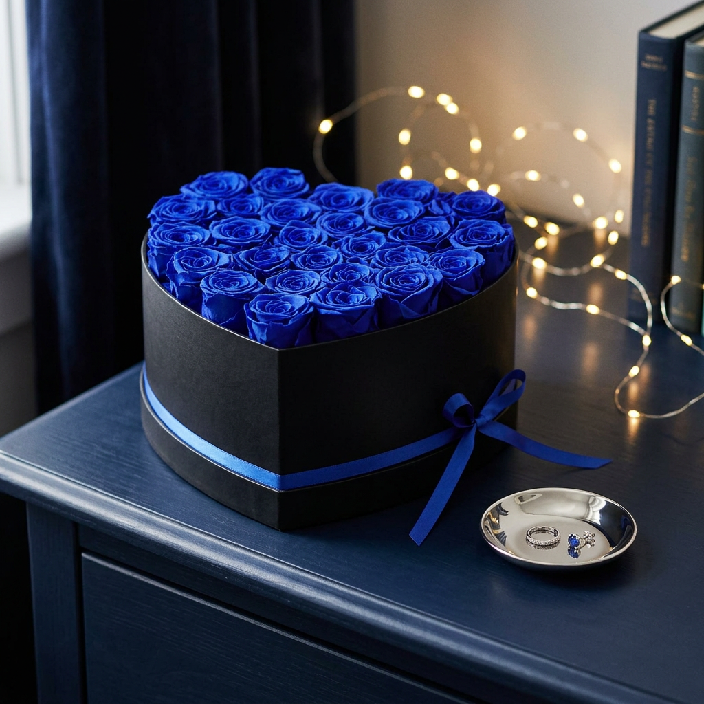 27 preserved blue roses in heart-shaped black gift box beside silver ring dish and fairy lights – dreamy luxury gift