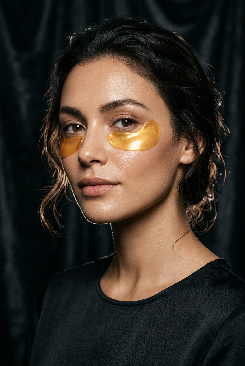 Amber hydrogel under-eye patches applied on glowing skin, editorial beauty shot