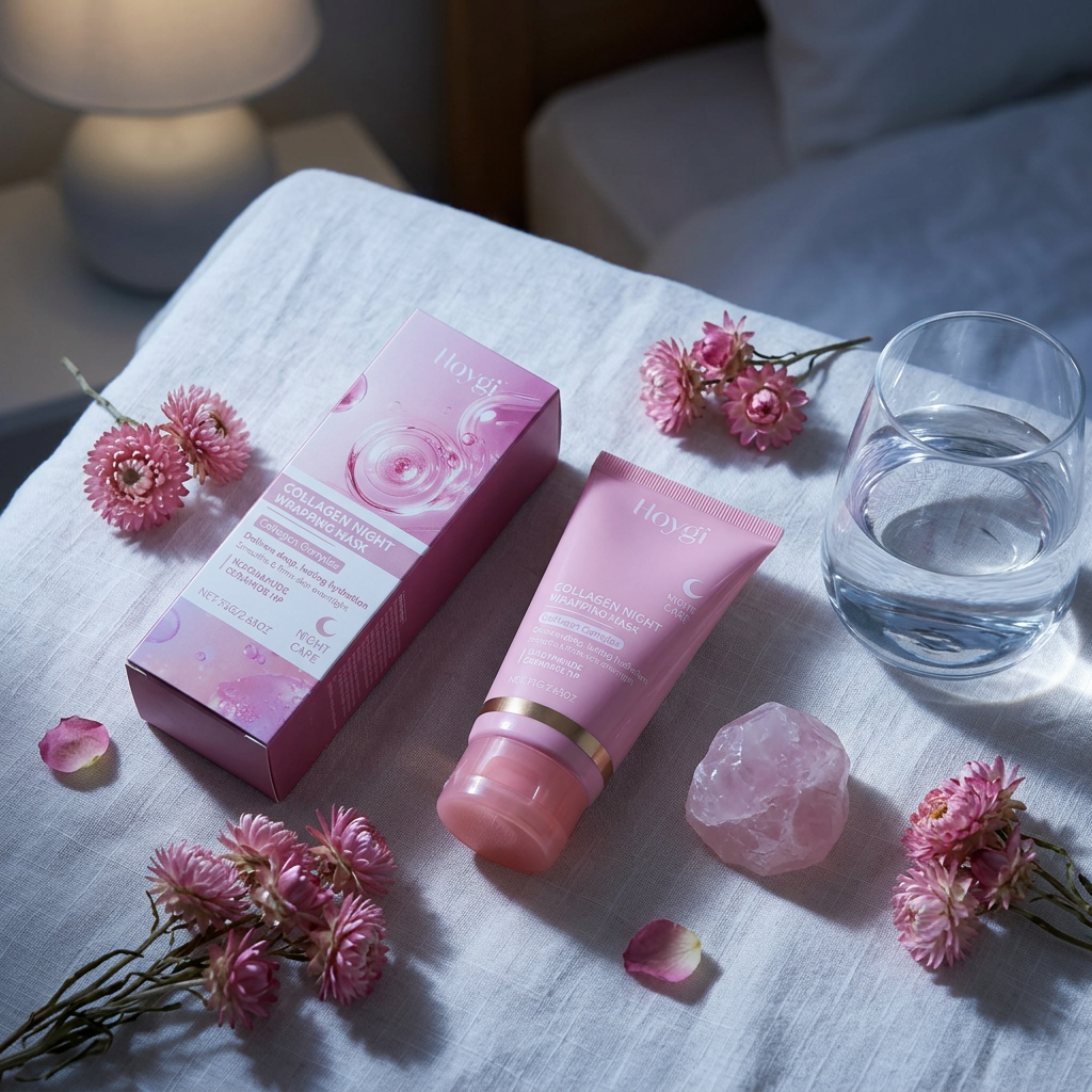 Hoygi Collagen Night Wrapping Mask night ritual flat lay with pink florals and rose quartz