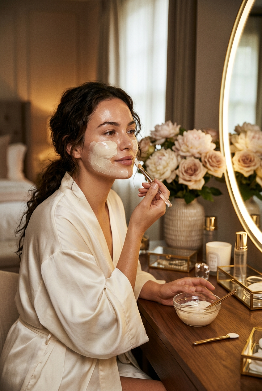 Woman applying collagen face mask with a brush at a softly lit vanity mirror in a silk robe