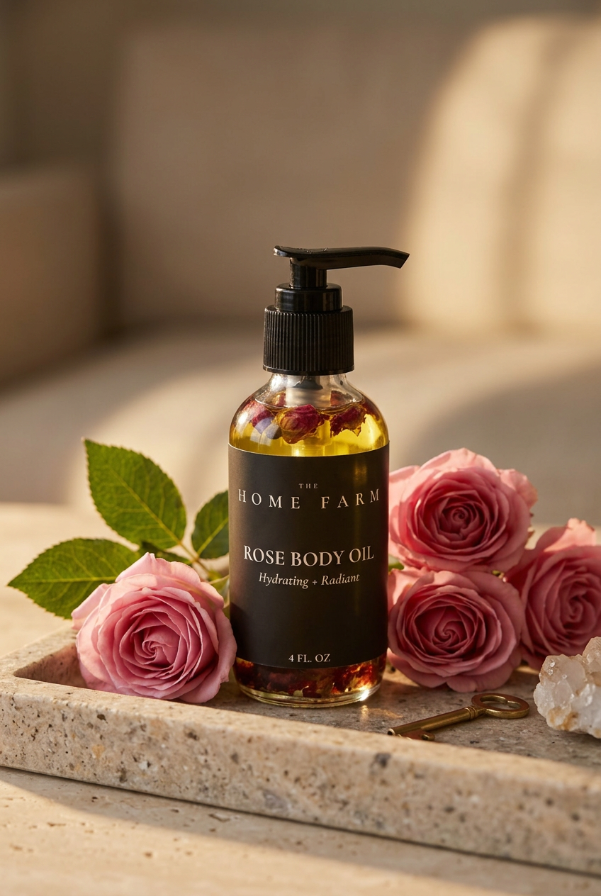 The Home Farm Rose Body Oil on stone tray with fresh pink roses – radiance-boosting skin treatment