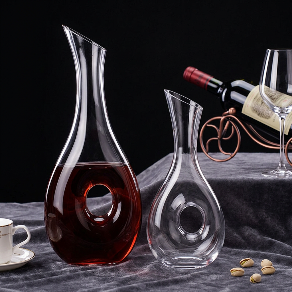 Two harp-shaped crystal glass wine decanters with circular base hole, filled with red wine, dark moody background