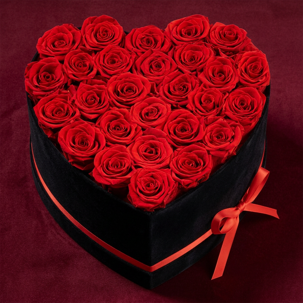 Compact heart-shaped black box with 27 preserved red roses against deep burgundy background – minimalist luxury product shot