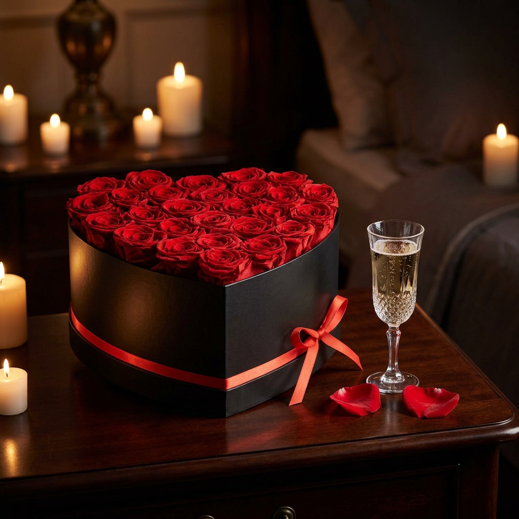 27 preserved red roses in heart-shaped black gift box beside champagne glass and candlelight – romantic luxury gift