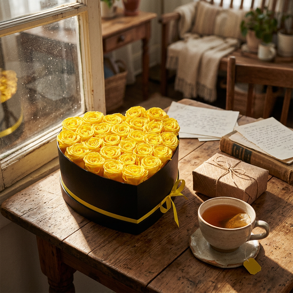 Heart-shaped black box with 27 preserved yellow roses on wooden table beside wrapped gift and tea – cozy gifting lifestyle