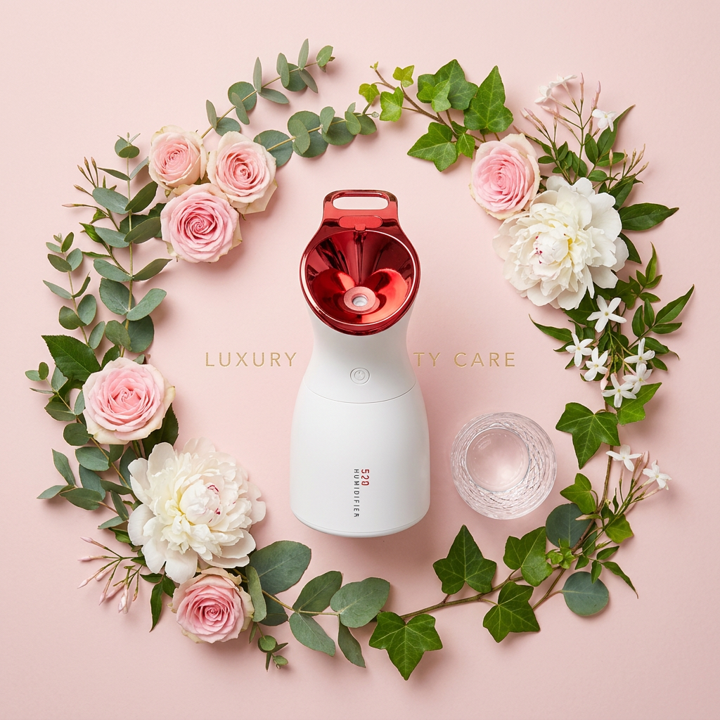 White beauty humidifier with red chrome top on pink background with flowers
