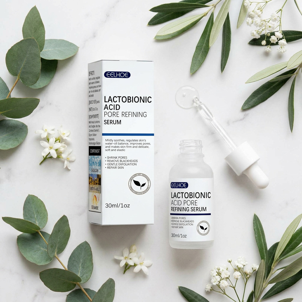 EELHOE Lactobionic Acid Pore Refining Serum flatlay on marble with leaves and flowers