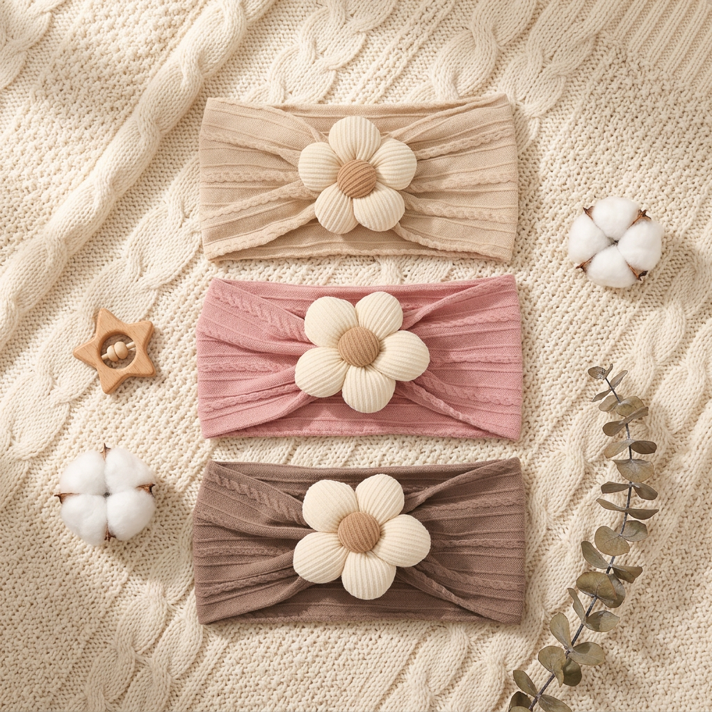 Three twisted knit baby headbands in beige, pink, and brown with cream daisy flower on white blanket flatlay