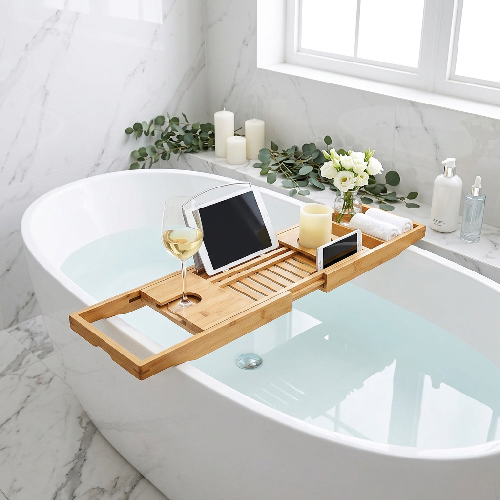 Bamboo Bath Caddy Tray with white wine and eucalyptus on white freestanding bathtub | JKB Luxury Collections