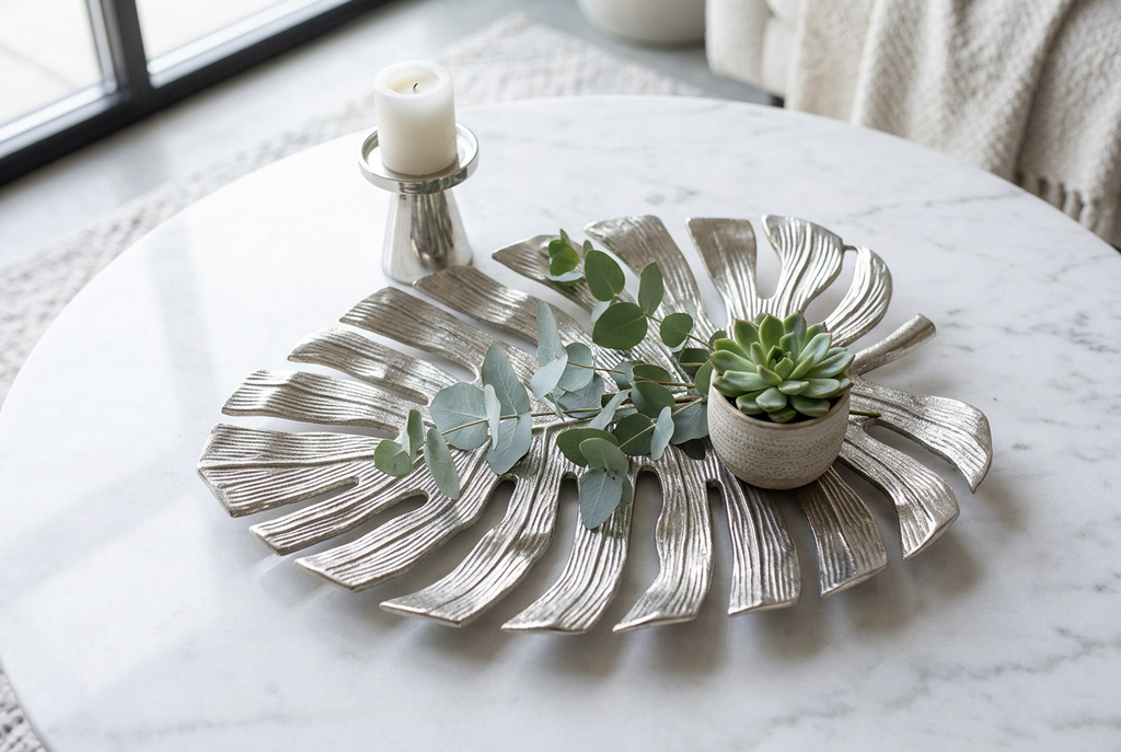 Large Silver Monstera Leaf Wall Décor flat lay showing full 19x13 inch scale with silver candle and greenery | JKB Luxury Collections