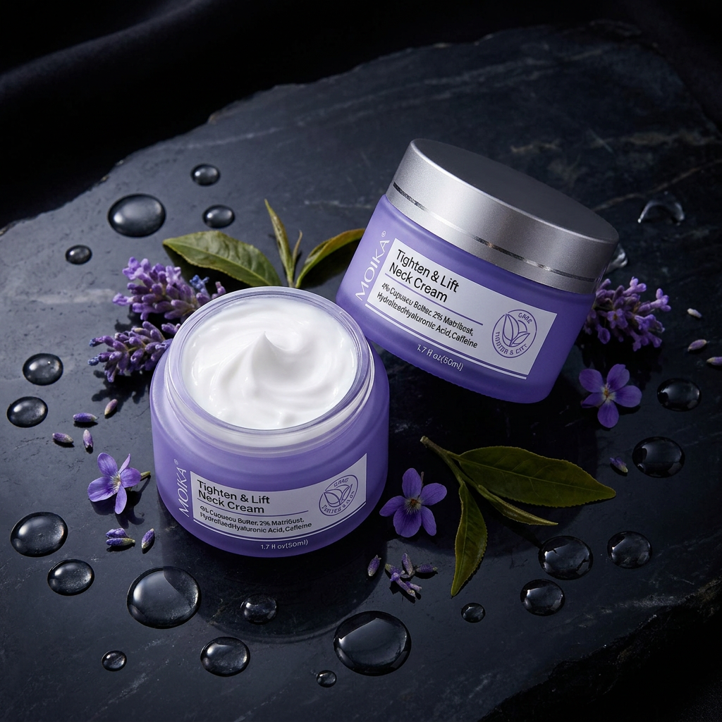 MOIKA neck cream jars flat lay with hyaluronic droplets and purple flowers on dark surface