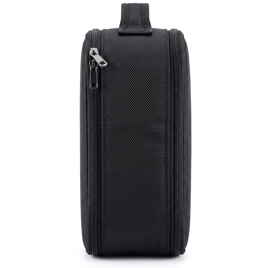 Side profile of closed black professional travel makeup case showing depth and zipper