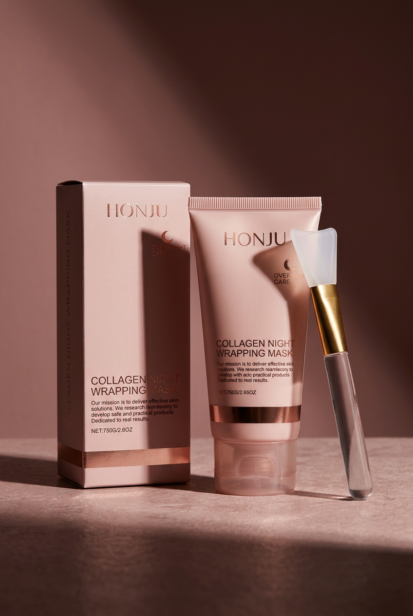 Honju Collagen Mask Set — blush pink tube, matching box, and gold silicone brush against a dusty rose background