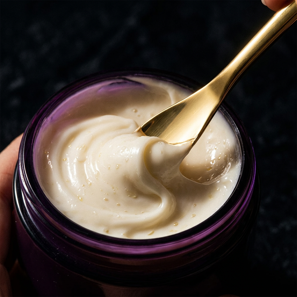 Gold spatula scooping creamy white hair mask from purple jar, dark moody background