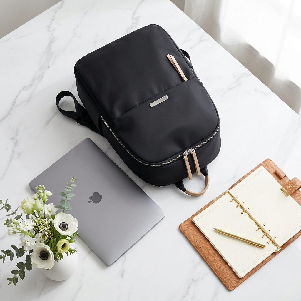 Black women's laptop backpack flat lay on white marble desk with MacBook, gold pen, leather planner and white flowers