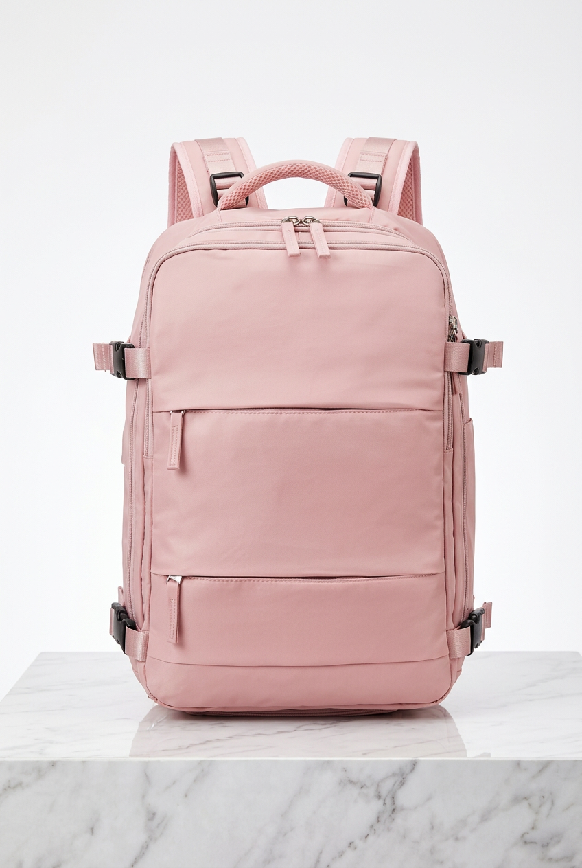 Pink women's travel backpack front-facing studio hero shot on white background