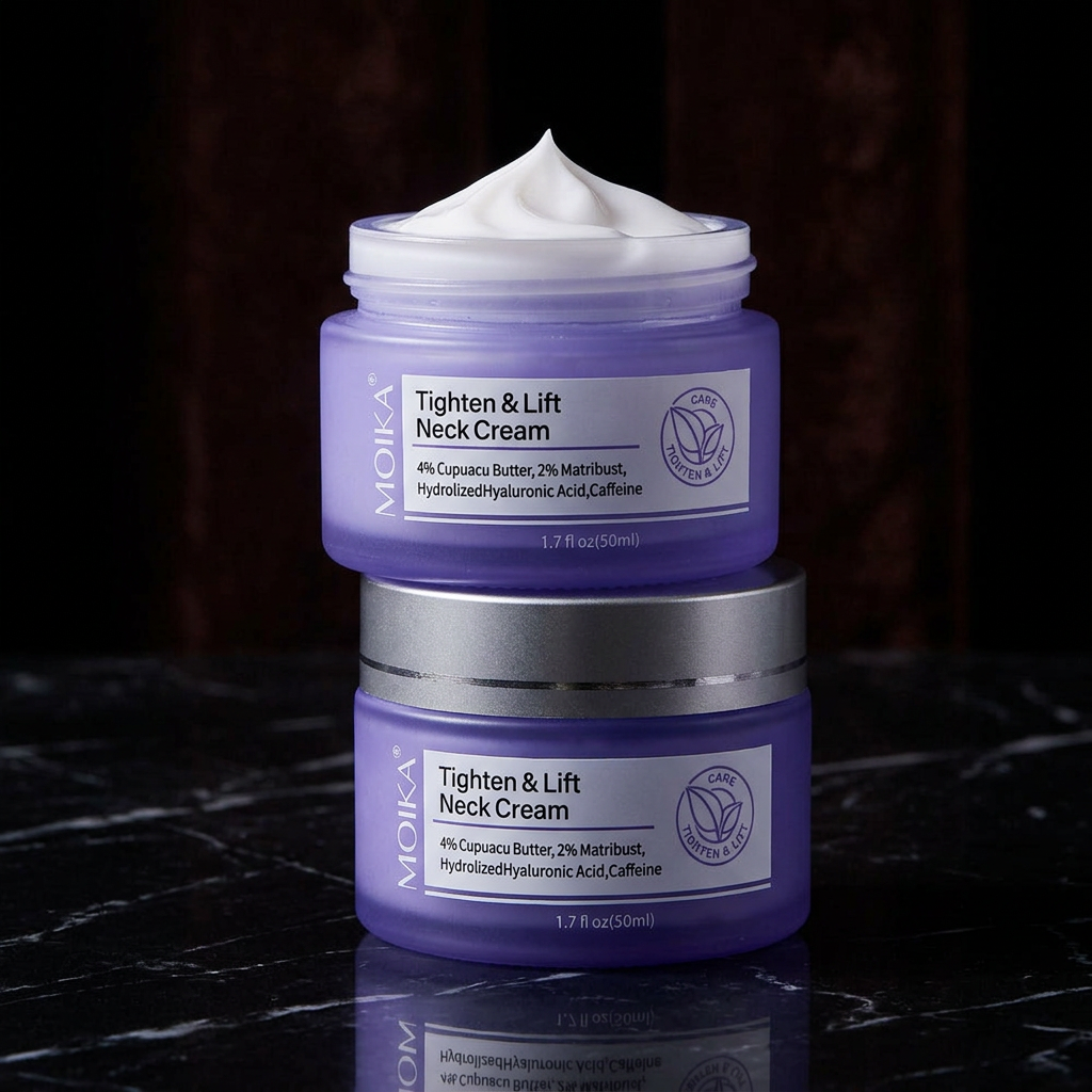 Two stacked MOIKA Tighten & Lift Neck Cream jars on dark marble, open lid showing white cream