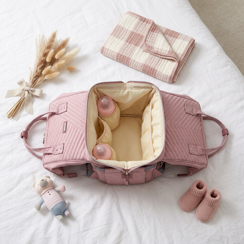 Quilted pink mommy backpack open flat lay on white bed with swaddle, teddy bear, baby booties and pampas grass
