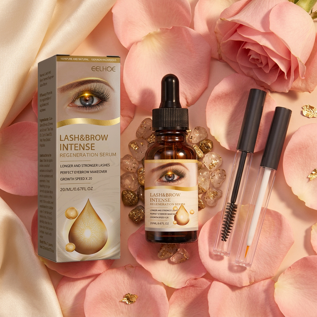 EELHOE Lash and Brow Intense Regeneration Serum with rose petal background