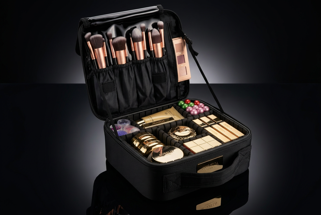 Open black travel makeup case on black lacquer surface with dramatic rim lighting