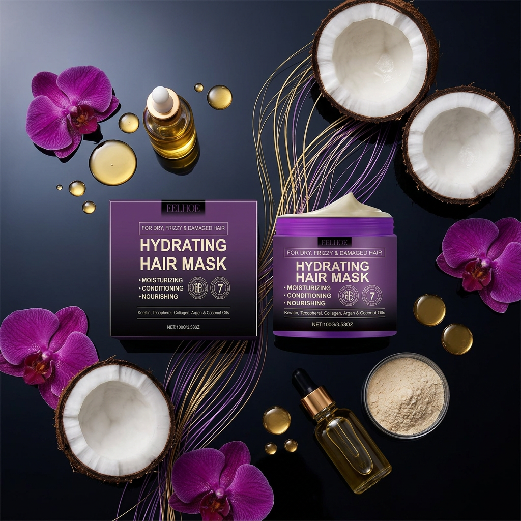EELHOE Hair Mask flat lay with argan oil, coconut and orchid petals on dark surface