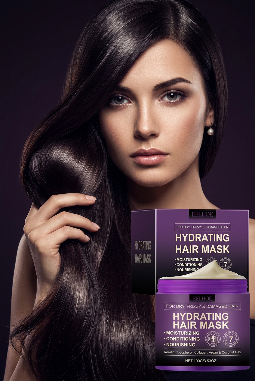 Woman with silky shiny hair, luxury hair mask editorial portrait