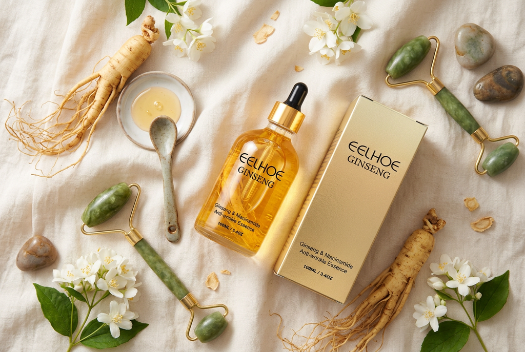 Ginseng & Niacinamide Anti-Aging Essence Serum - Spa Lifestyle Flat Lay