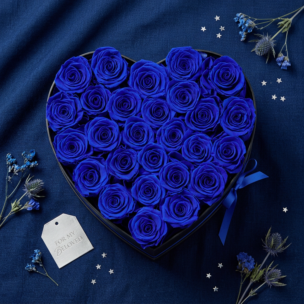 Flat lay of heart-shaped black box with 27 preserved blue roses on navy surface with silver tag and star confetti
