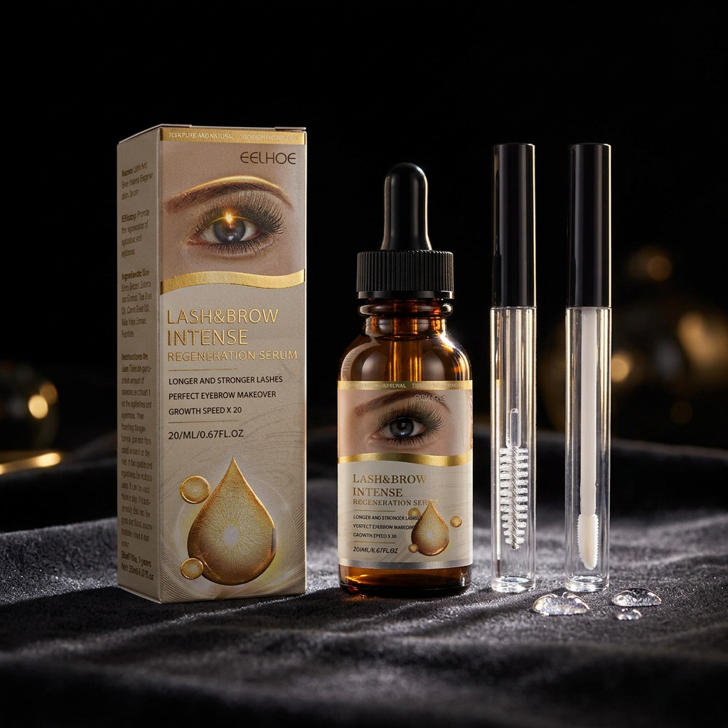 EELHOE Lash and Brow Intense Regeneration Serum with dark moody background