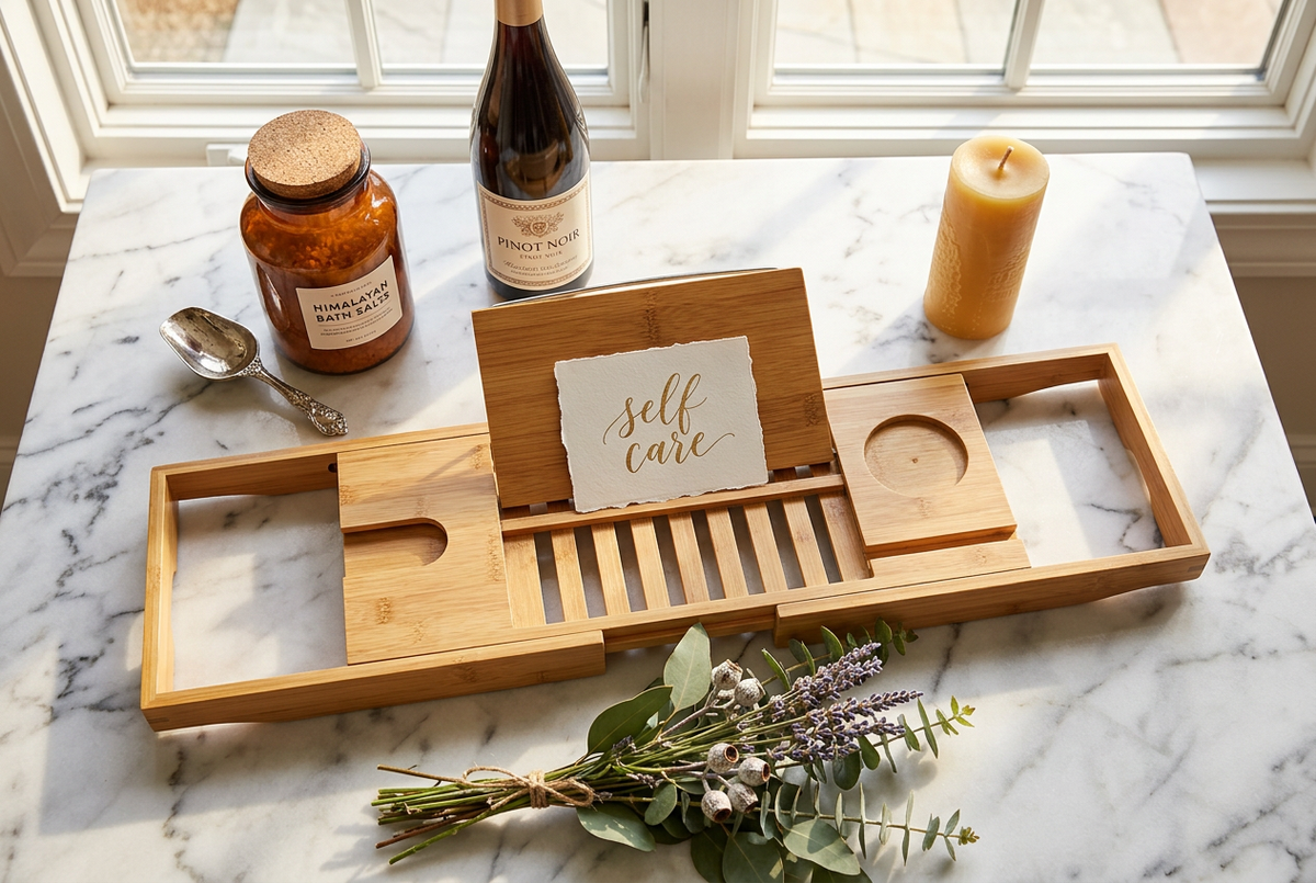 Bamboo Bath Caddy gift set flat lay with wine bottle, candles and bath salts - perfect gift for her | JKB Luxury Collections