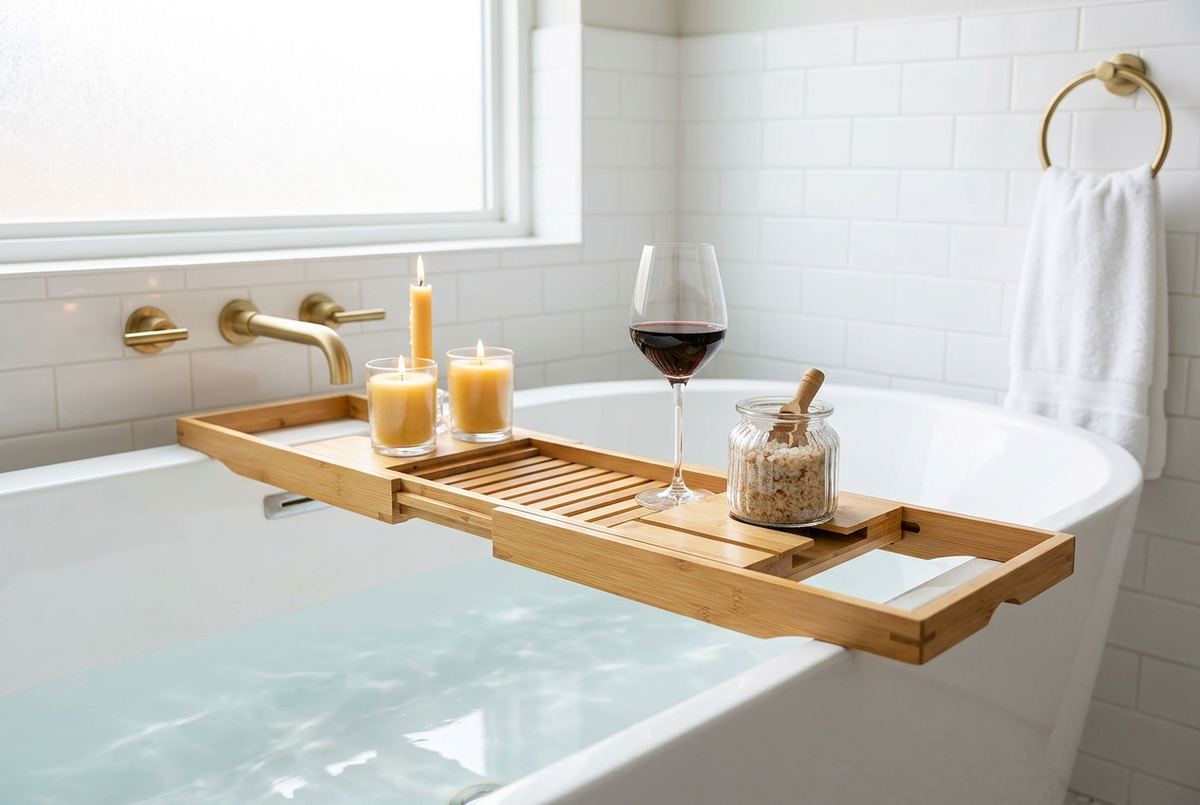 Bamboo Extendable Bath Caddy fully extended across bathtub showing maximum width | JKB Luxury Collections