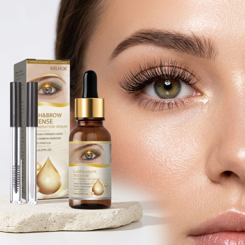 Close-up of long lashes with EELHOE serum bottle on white background