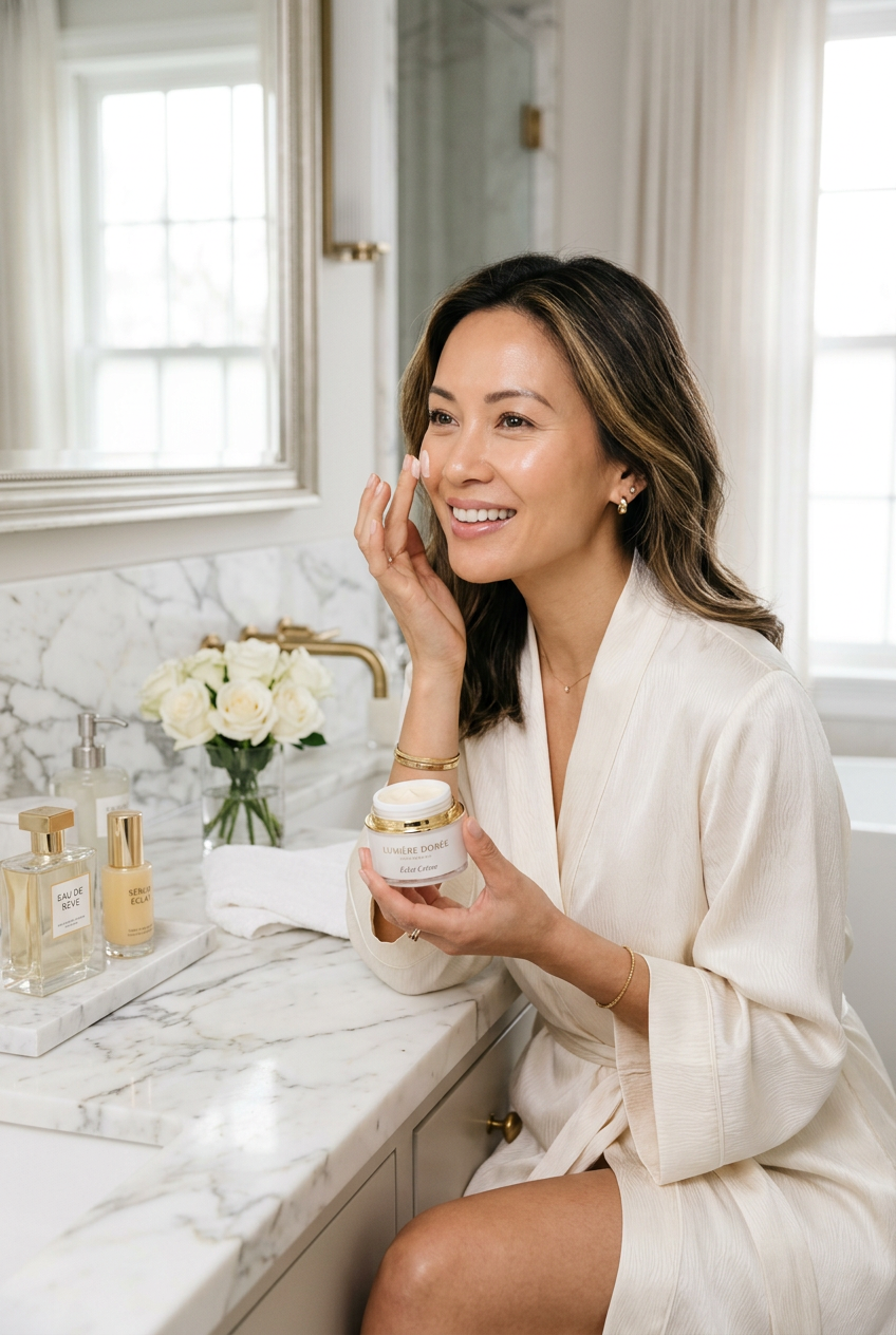 Luxury lifestyle model applying Bee Venom skincare cream