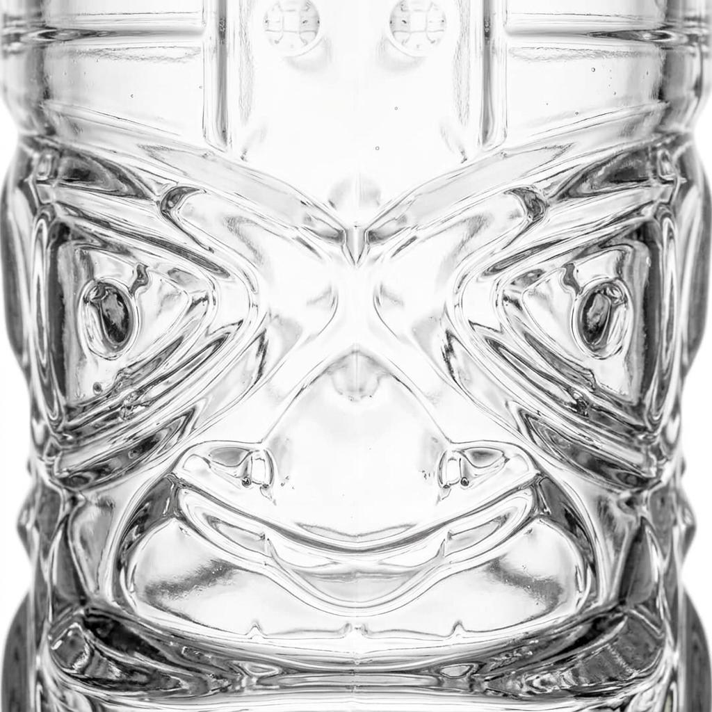 Close-up detail of clear tiki glass showing embossed tiki face design and textured surface on white background