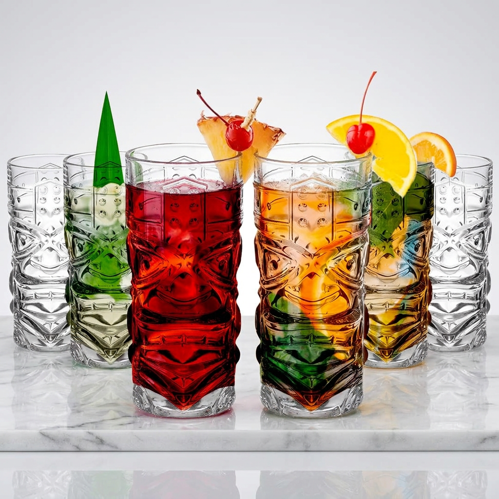 Clear Tiki Glasses Set of 6 with colorful cocktails on white marble surface with clean light grey studio background