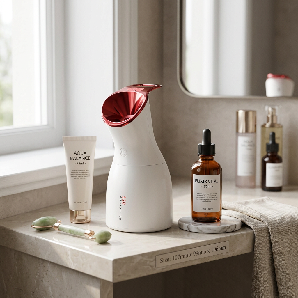 White beauty humidifier next to skincare bottles on vanity showing proportions