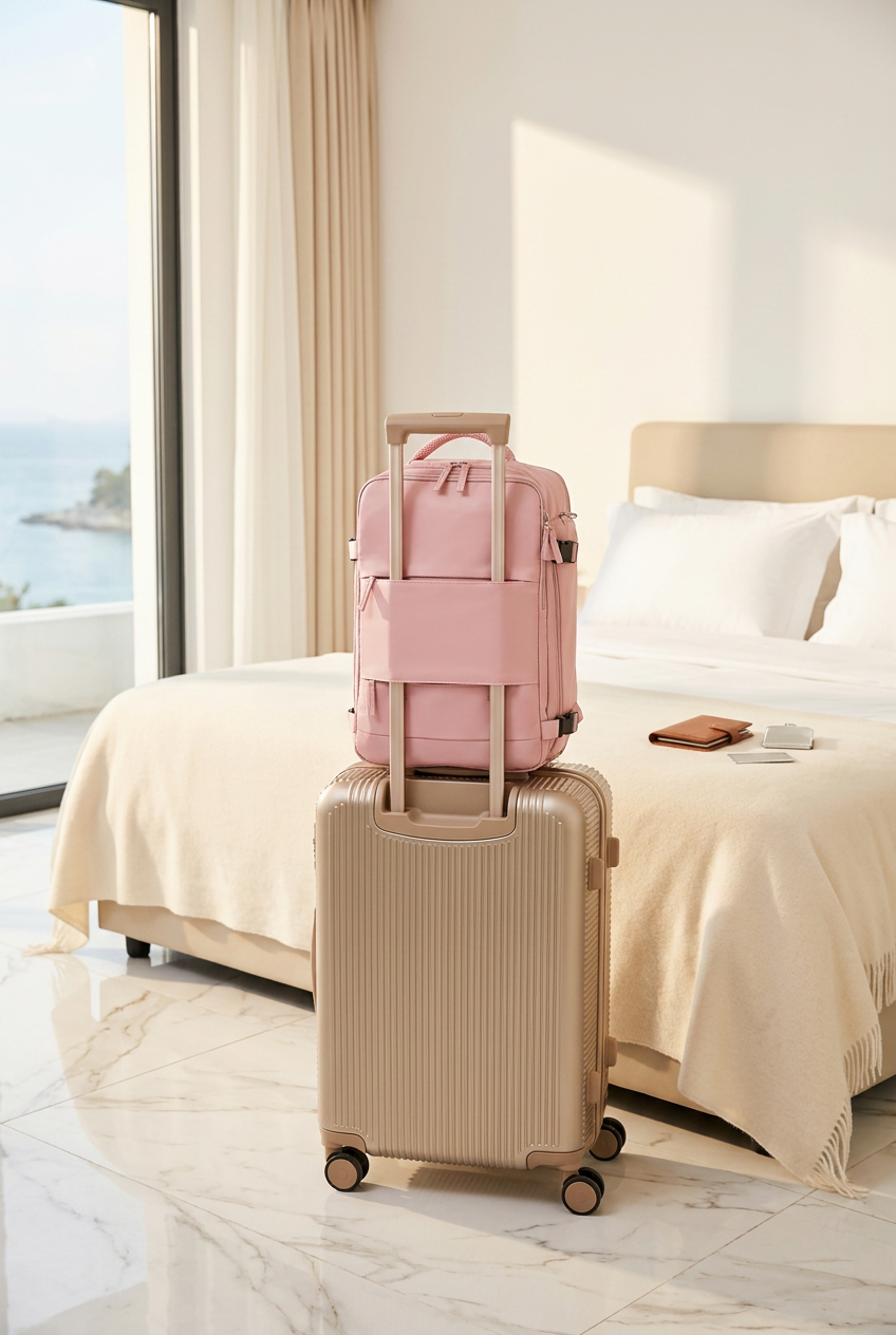 Pink travel backpack on rolling suitcase via luggage sleeve in bright hotel room