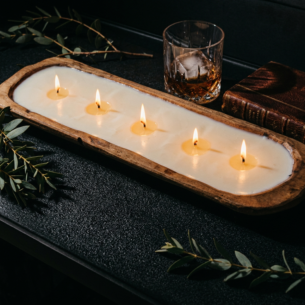 5-wick dough bowl Humidor candle on dark marble with whiskey glass and leather book