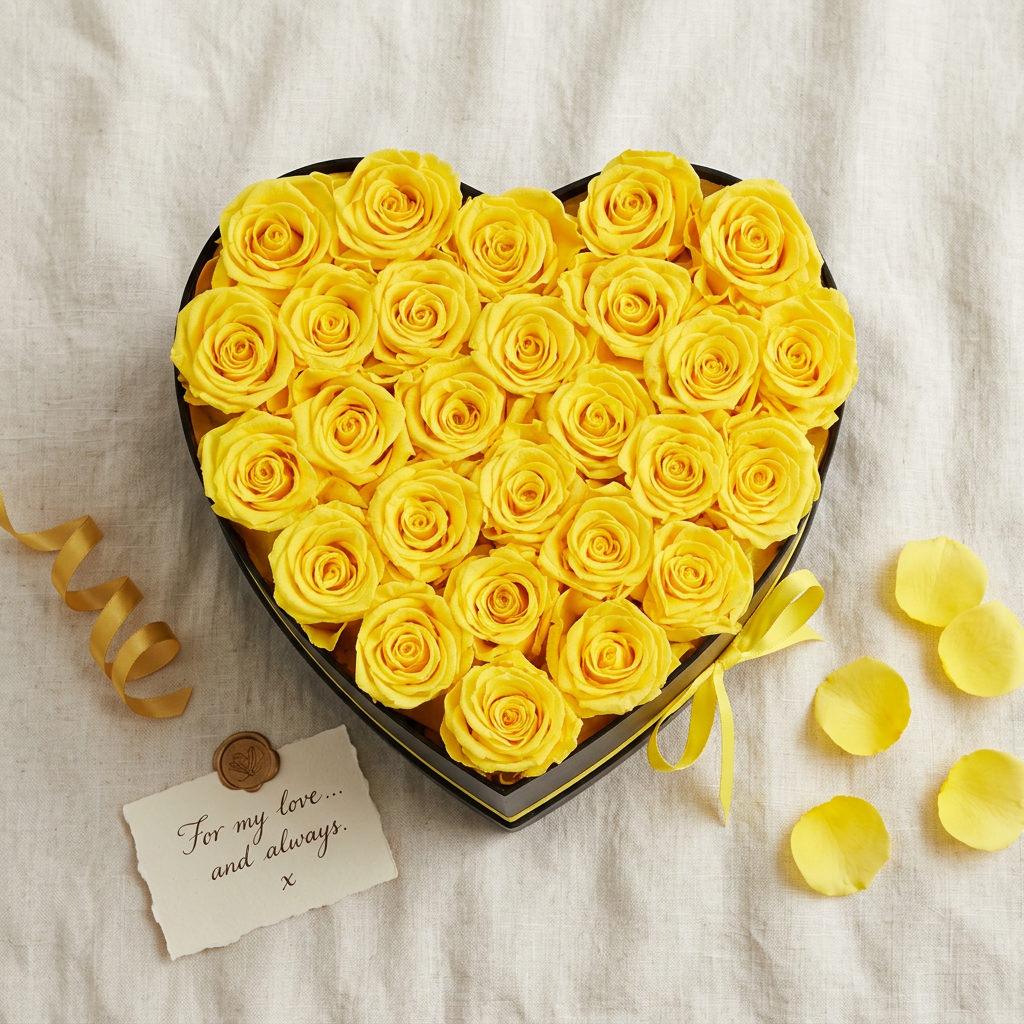Flat lay of heart-shaped black box with 27 preserved yellow roses on cream linen with gift tag