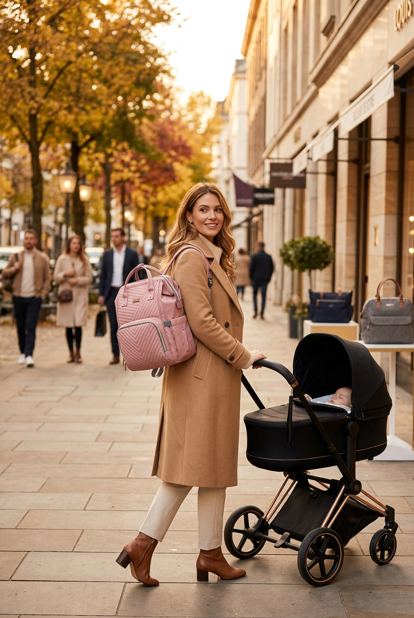 Chic mother in camel wool coat wearing quilted pink mommy backpack strolling through upscale shopping district at golden hour